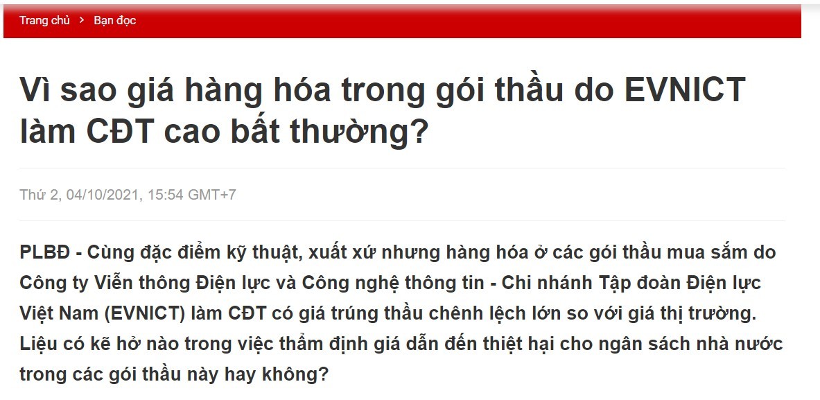 Vì sao giá hàng hóa trong gói thầu do EVNICT làm CĐT cao bất thường?