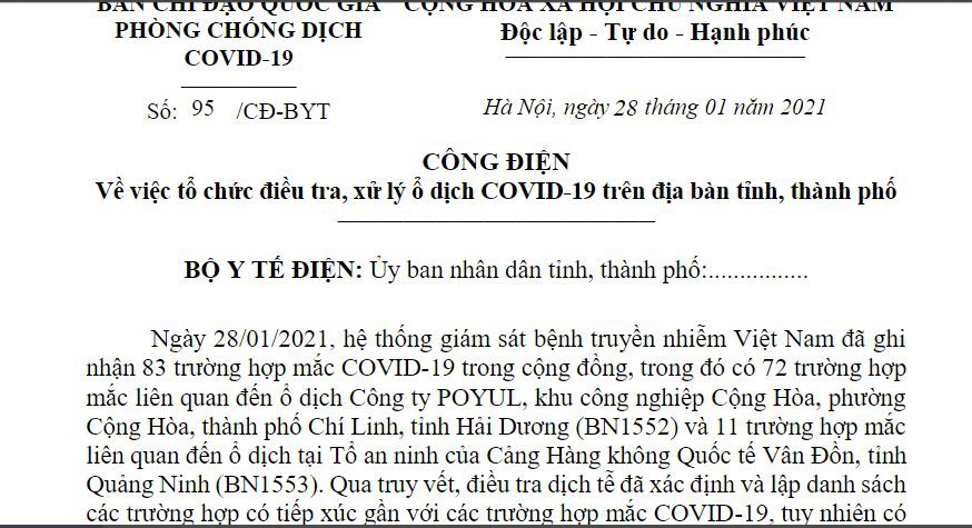 Bộ Y tế đề nghị Ủy ban nhân dân các tỉnh tổ chức điều tra, xử lý ổ dịch COVID-19 trên địa bàn