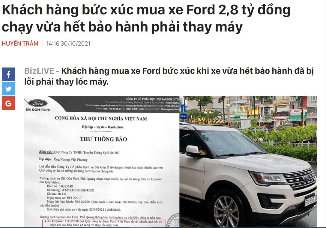 Khách hàng bức xúc mua xe Ford 2,8 tỷ đồng chạy vừa hết bảo hành phải thay máy