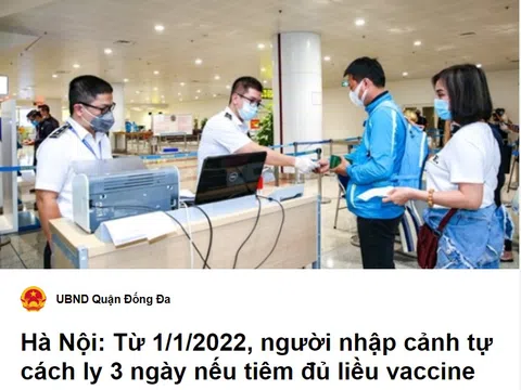Hà Nội: Từ 1/1/2022, người nhập cảnh tự cách ly 3 ngày nếu tiêm đủ liều vaccine phòng Covid-19